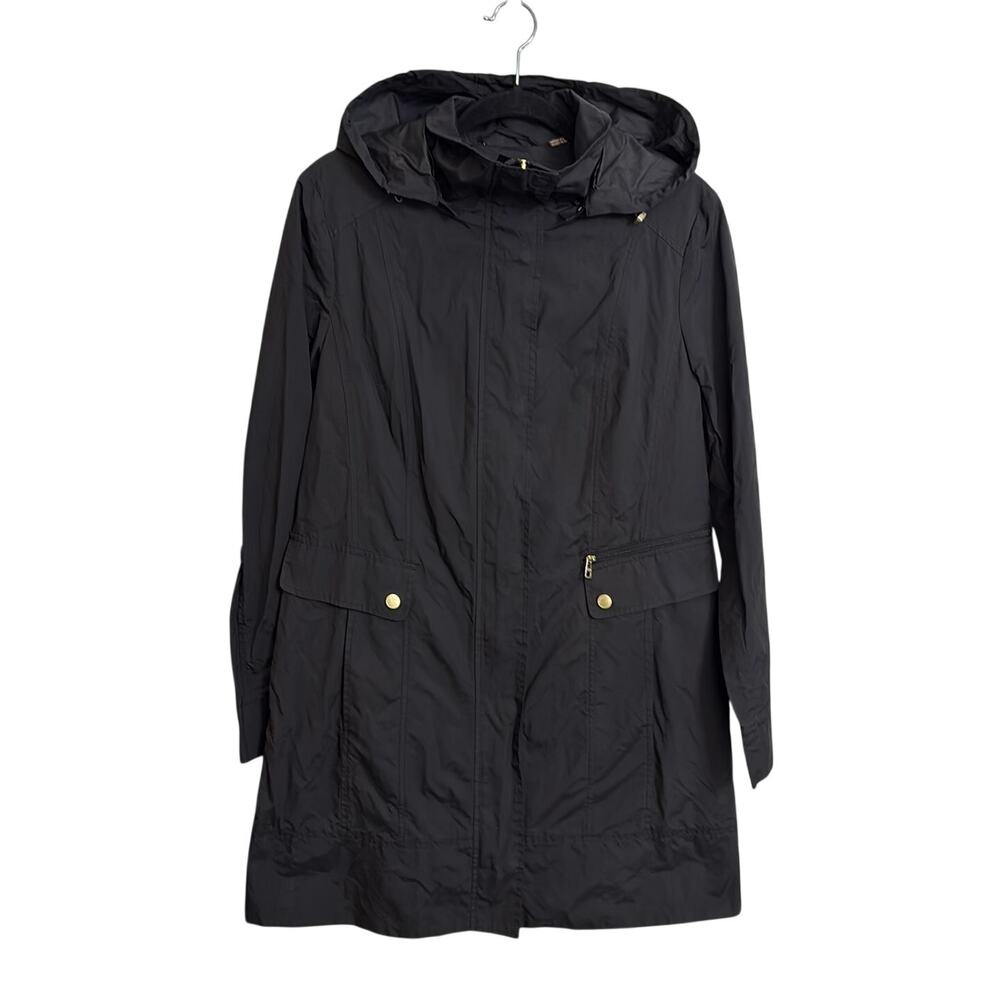 Cole Haan Rain Jacket Womens Medium Black Packable Hooded Gold Hardware
